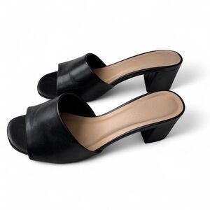 Women’s Black Leather Mules Open Toe Kitten Heel Size 7.5W